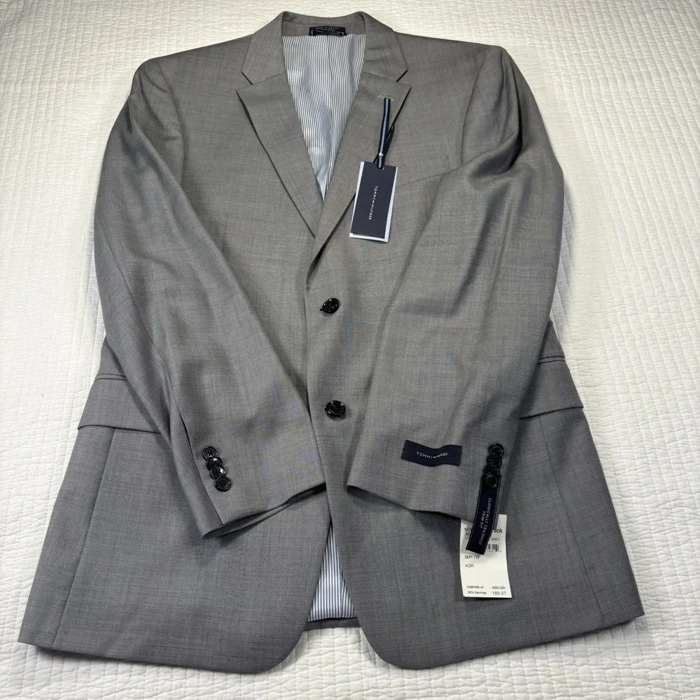Tommy Hilfiger Adams Suit Jacket Mens 40R Gray Worsted Wool Trim Fit NWT Blazer